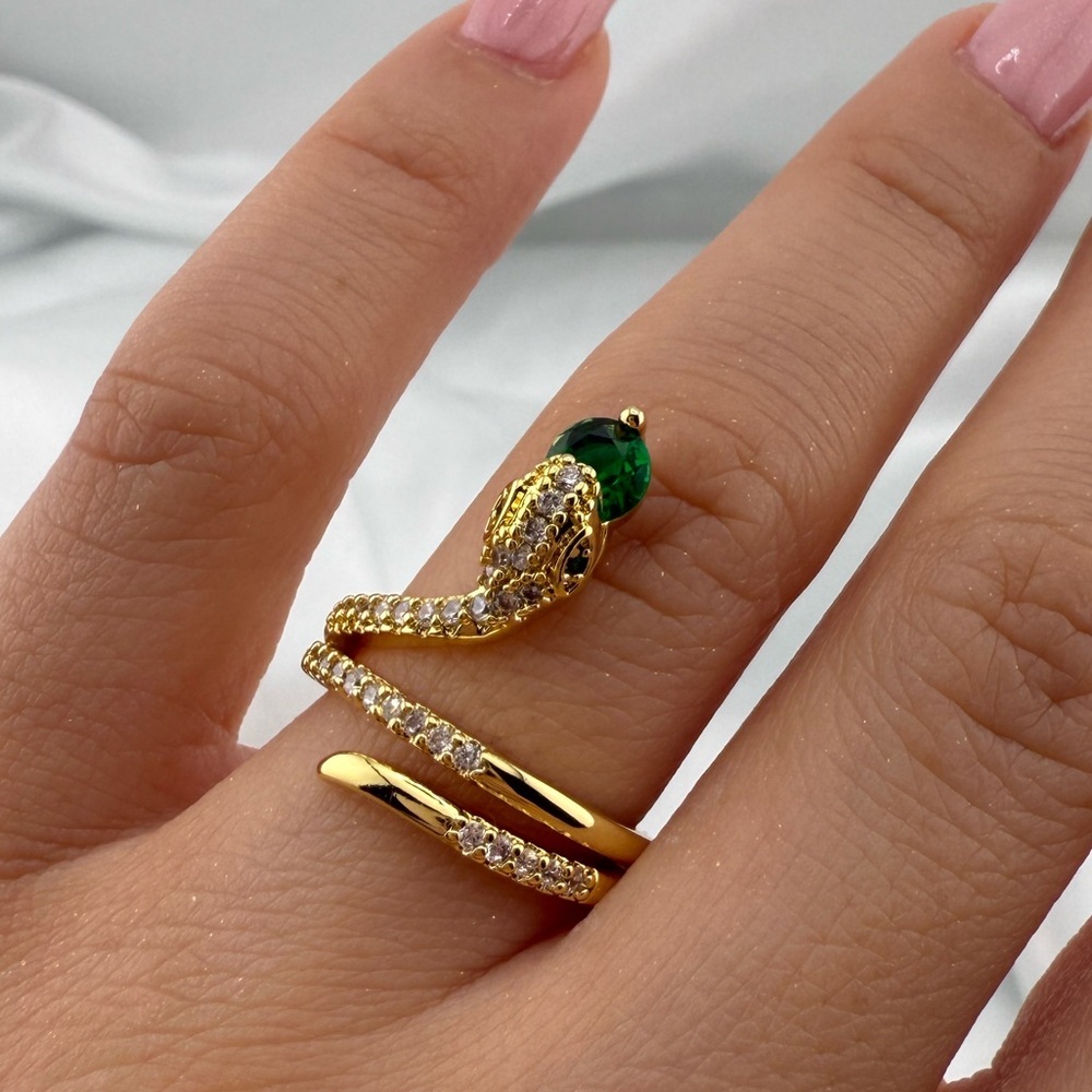 Gold Snake Ring with Green Stone and Pavé Crystals - Picture 6 of 11